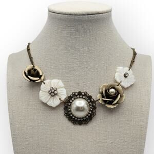 Floral Pearl Necklace Ivory Black Roses Rhinestone - Vintage Inspired Romantic
